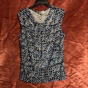 Kasper Blue and White Geometric Sleeveless Blouse